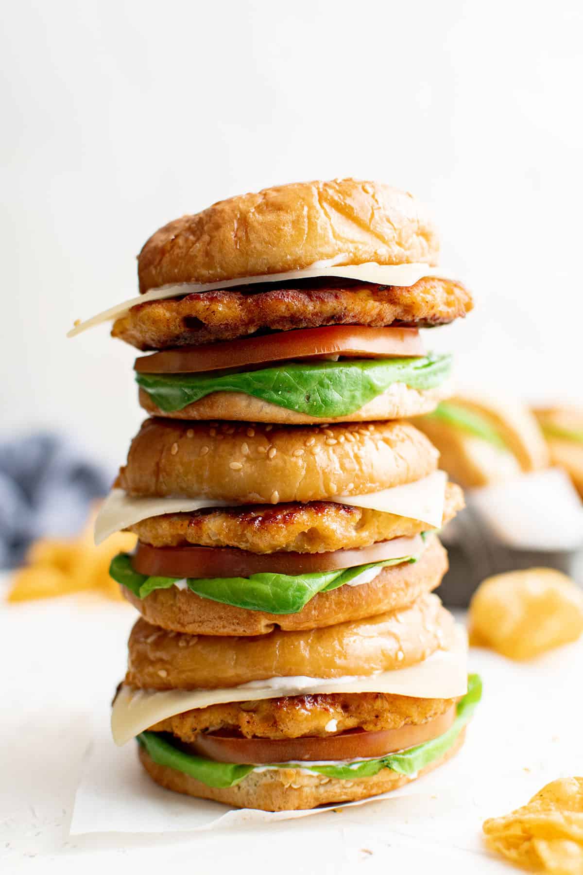 stack of chicken burgers