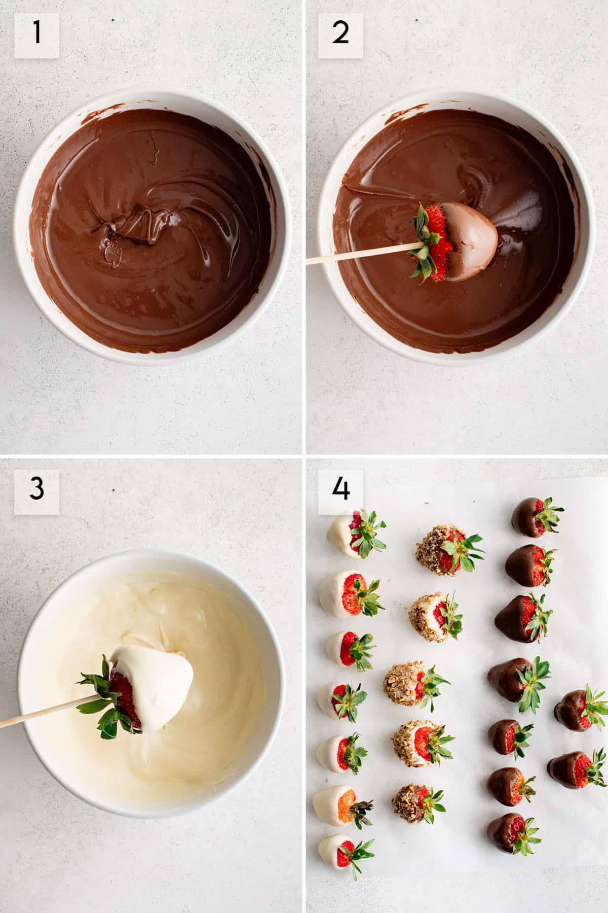 four panel collage image showing melted chocolate, strawberries dipped in milk and white chocolate, and chocolate dipped strawberries after being dipped