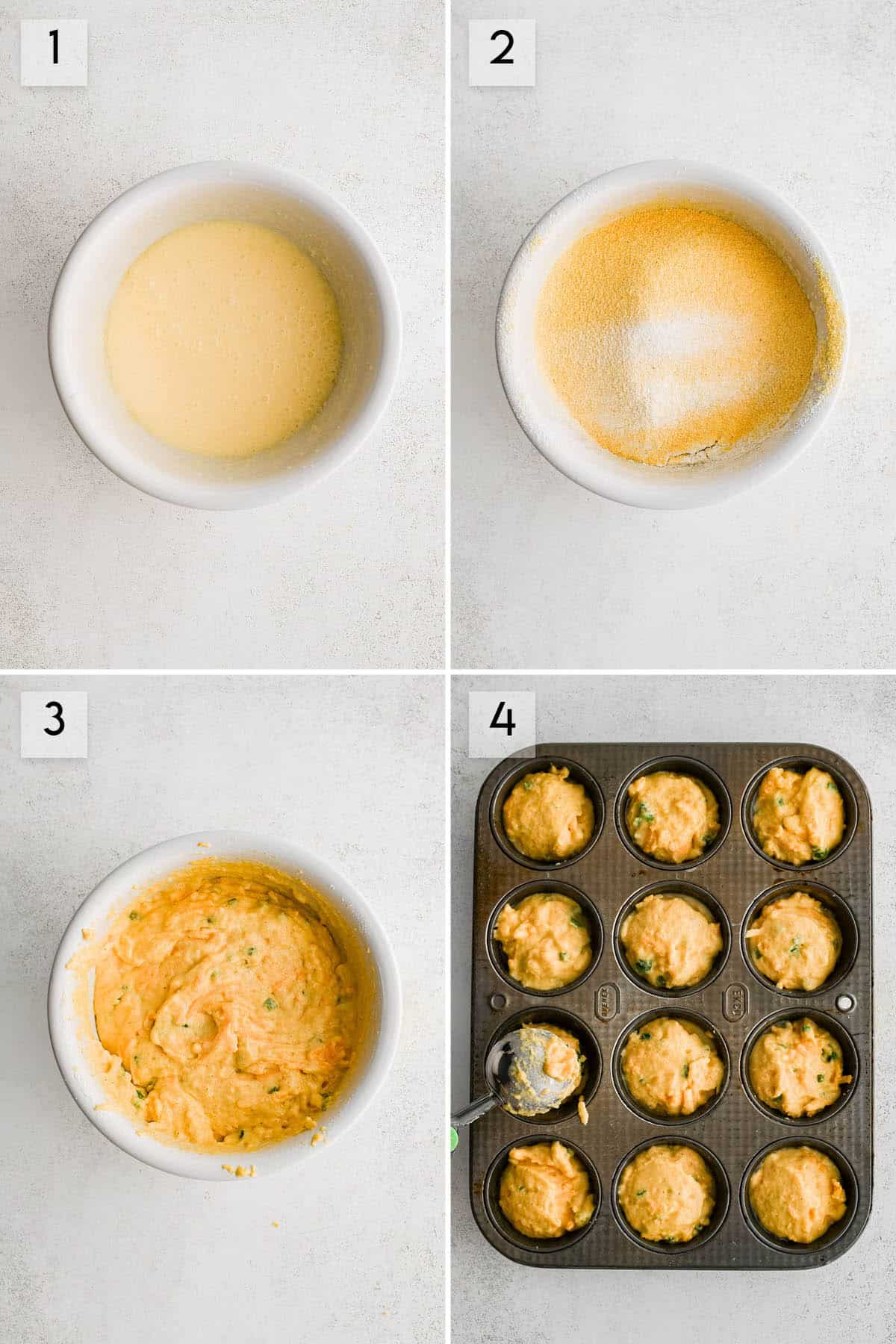 four panel collage image showing the steps of making jalapeno cheddar corn muffins