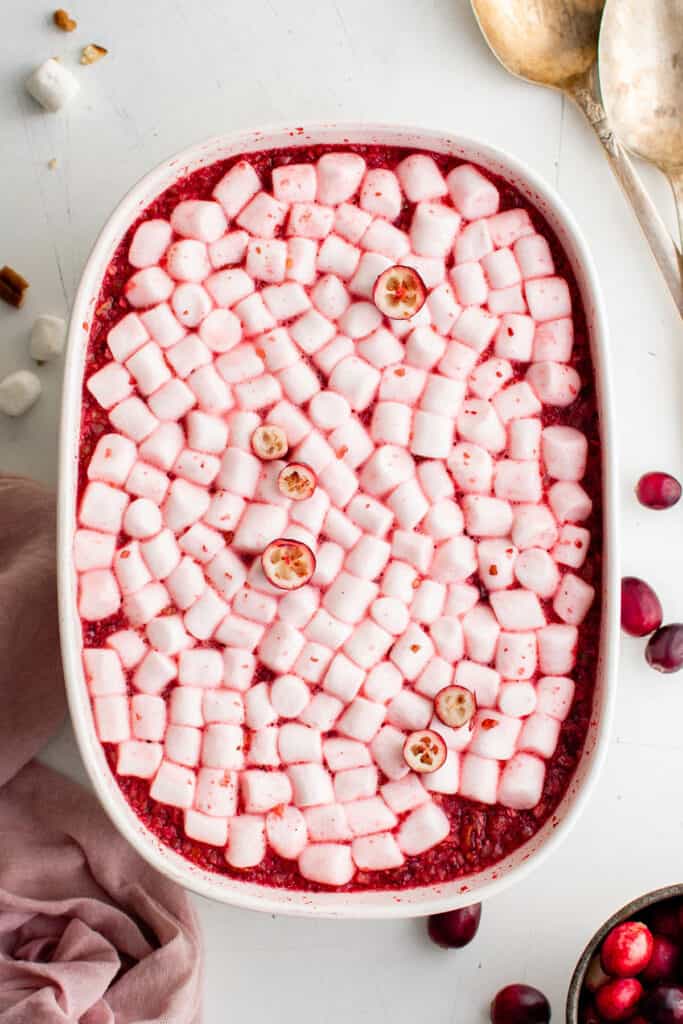 cranberry salad in a white serving dish