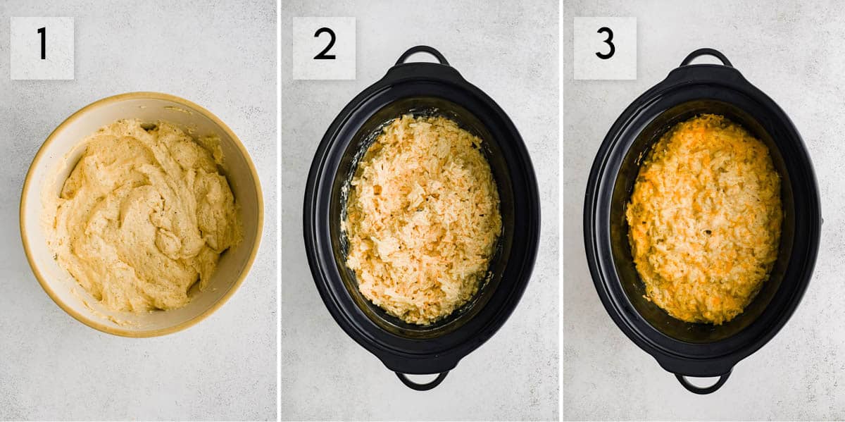 three panel collage image showing how to make crockpot hashbrown casserole
