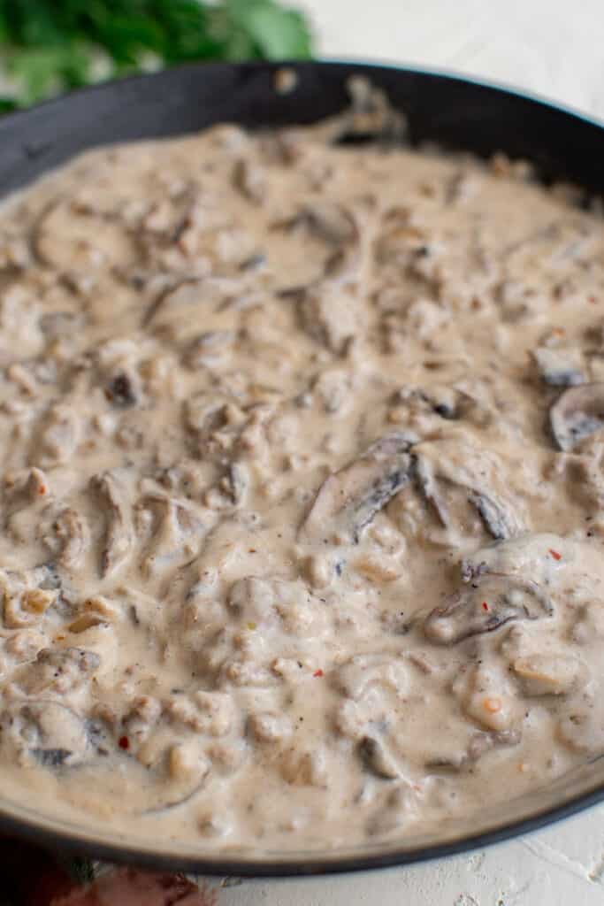 ground beef stroganoff sauce in a pan