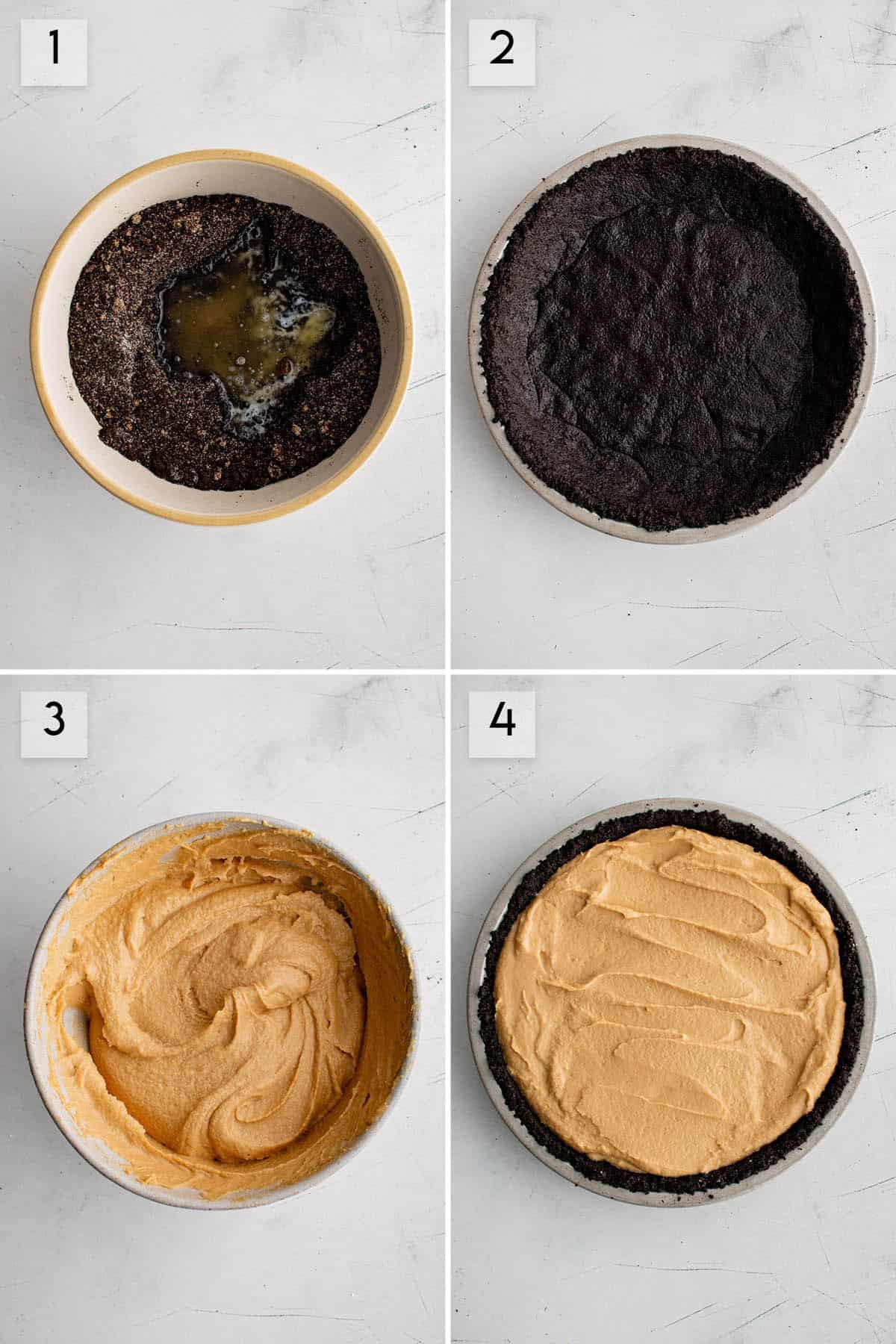 four panel collage image showing the steps of assembling the peanut butter pie crust and filling