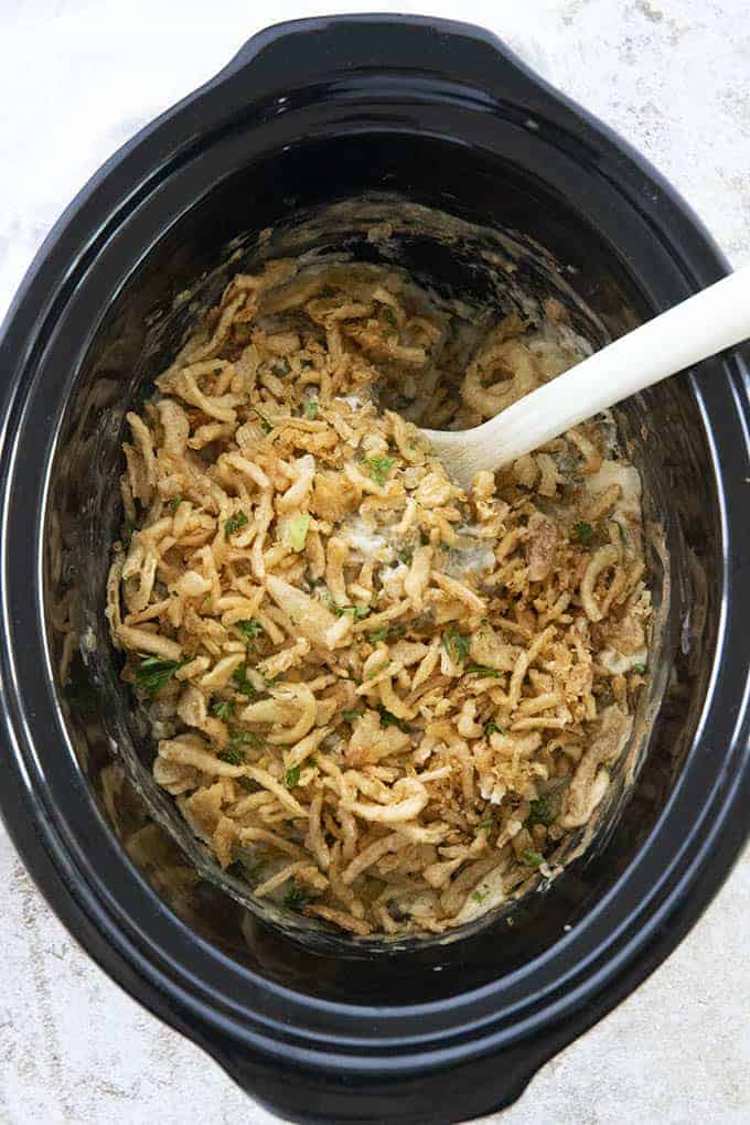 photo of green bean casserole made in slow cooker