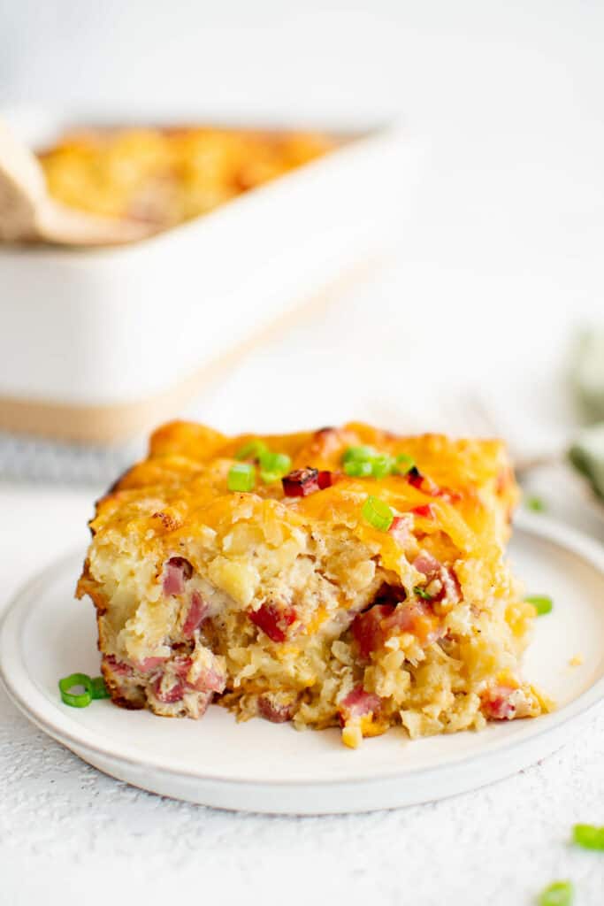 slice of tater tot breakfast casserole on a plate